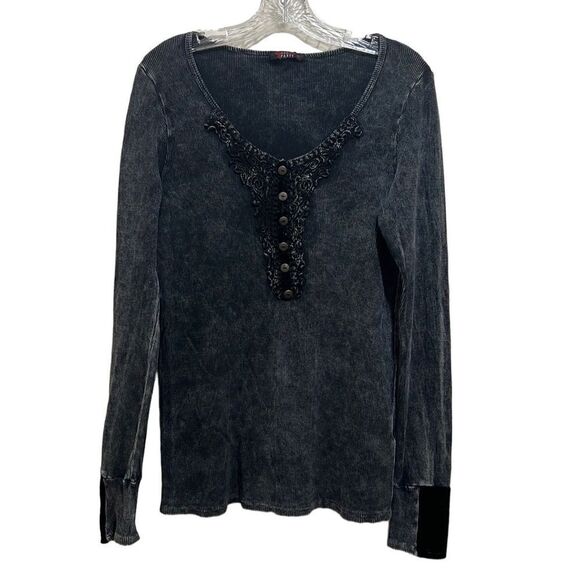 TParty top Henley velvet cotton blend black gray lace stretch Large - Picture 1 of 6